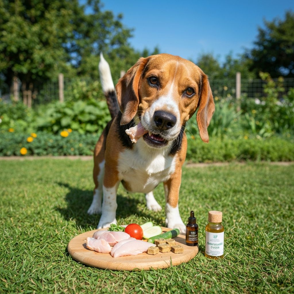 Gesunder glücklicher Hund mit natürlichen Nahrungsergänzungen und frischem Futter